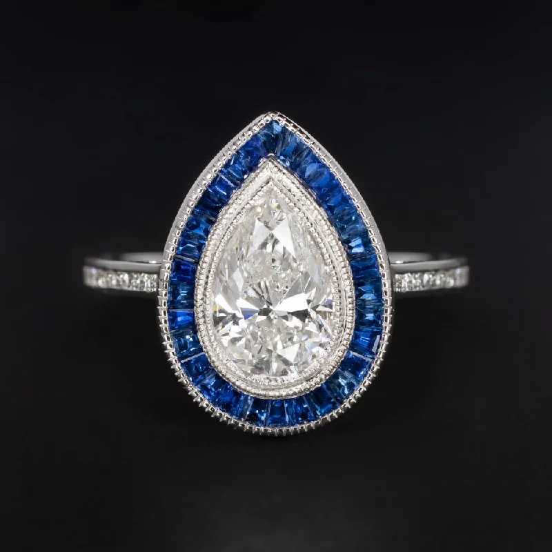 Two-Tone Engagement Rings -1.5ct GIA CERTIFIED F SI2 DIAMOND SAPPHIRE ENGAGEMENT RING VINTAGE STYLE PEAR