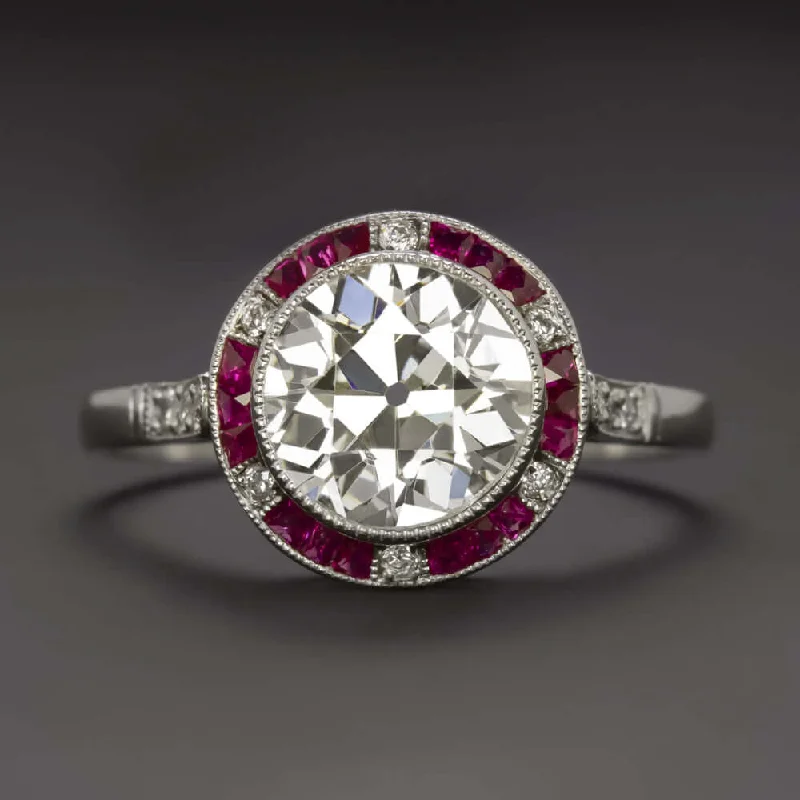 Two-Tone Engagement Rings -1.82ct CERT J-K VS1 OLD CUT DIAMOND ENGAGEMENT RING RUBY PLATINUM VINTAGE STYLE