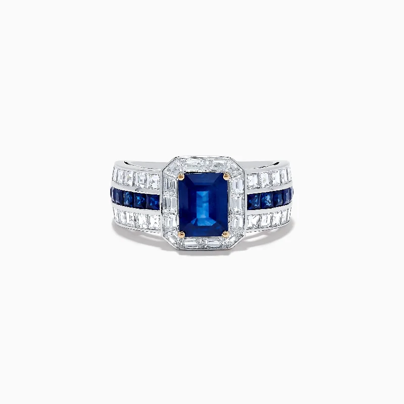 cushion-cut women's rings -18K White Gold Blue Sapphire and Diamond Ring