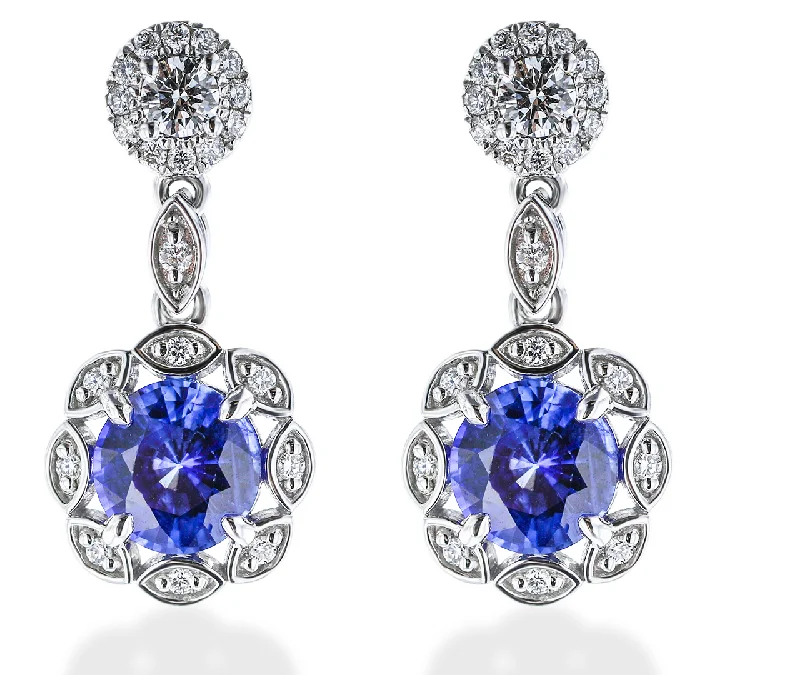 Ladies Faith Earrings -JULEVE 2.60 CTW SAPPHIRE & 0.54 CTW DIAMOND HALO DROP EARRINGS