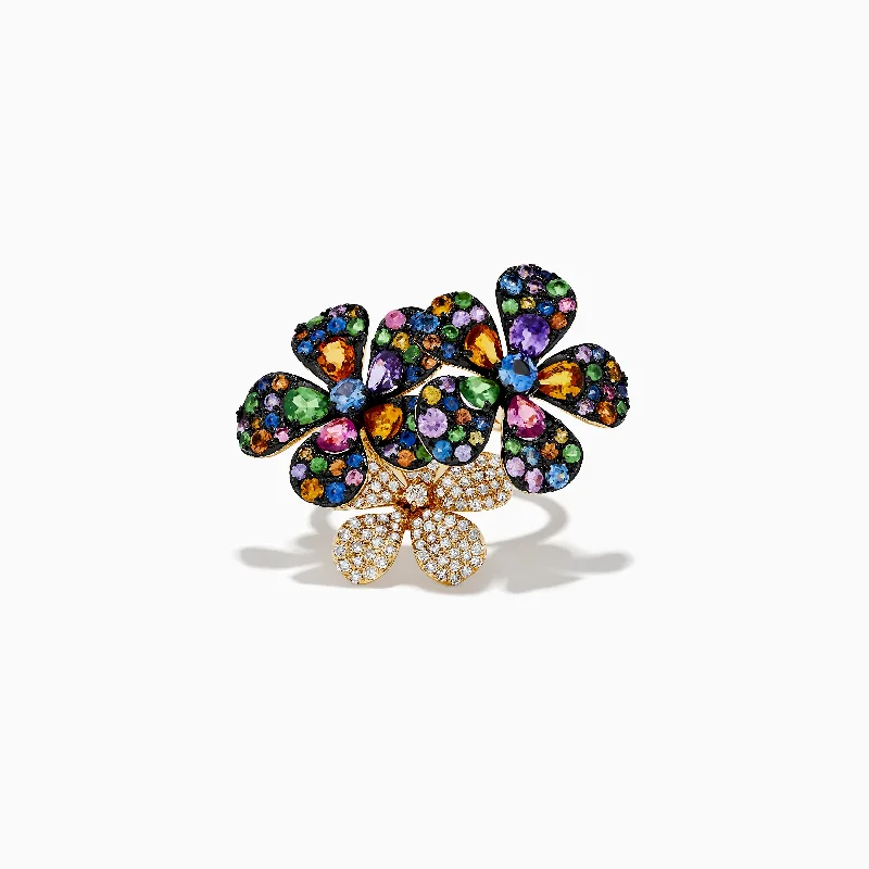 non-tarnish women's rings -Watercolors 14K Yellow Gold Multi Sapphire & Diamond Flower Ring