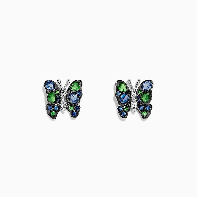 Ladies Elegant Earrings -Nature 14K White Gold Sapphire, Tsavorite & Diamond Butterfly Earrings, 1.85 TCW