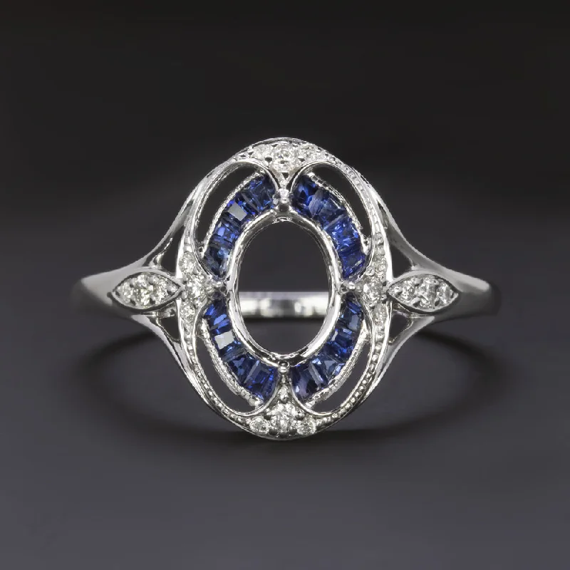 Ethnic Engagement Rings -SAPPHIRE DIAMOND OVAL ENGAGEMENT RING SETTING VINTAGE STYLE HALO TARGET MOUNT