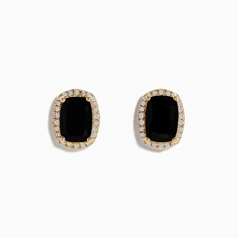 Ladies Party Earrings -14K Yellow Gold Onyx and Diamond Stud Earrings