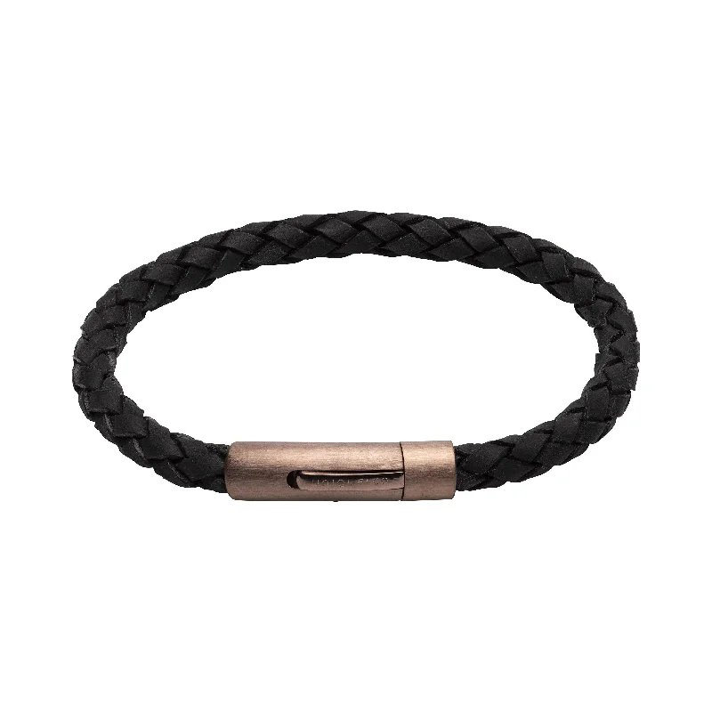 Ladies Bracelets for Work-Unique & Co Matt Rose Gold Stainless Steel Clasp Black Leather Bracelet