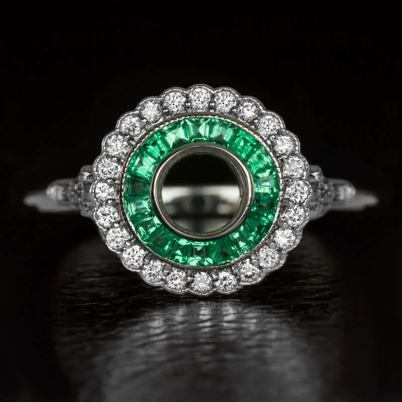 Invisible Set Engagement Rings -DIAMOND EMERALD HALO 1/2CT BEZEL ENGAGEMENT RING SETTING ART DECO VINTAGE STYLE