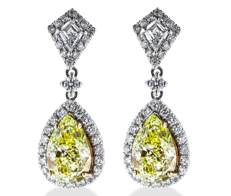 Ladies Oxidized Earrings -18KT WHITE GOLD 6.27CTW YELLOW DIAMOND & 1.29CTW DIAMOND DANGLE EARRINGS