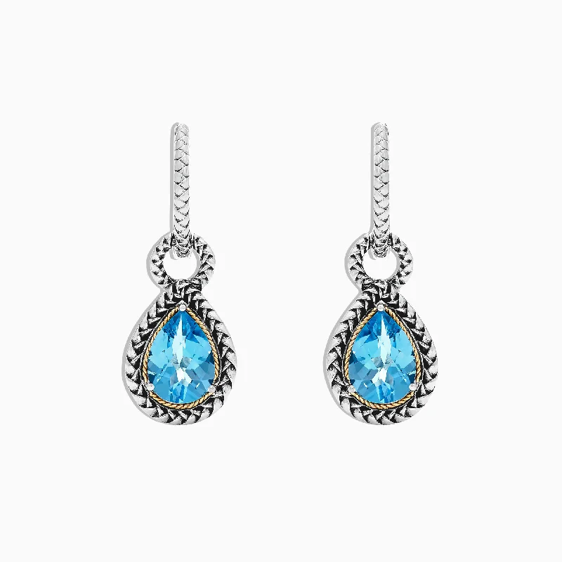 Ladies Leather Earrings -925 Sterling Silver & 18K Yellow Gold Blue Topaz Earrings, 4.56 TCW