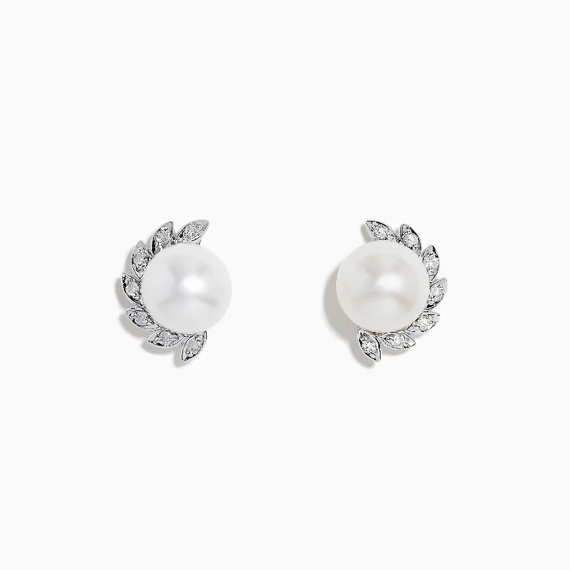 Ladies Statement Earrings -Pearl 14K White Gold Fresh Water Pearl and Diamond Stud Earrings