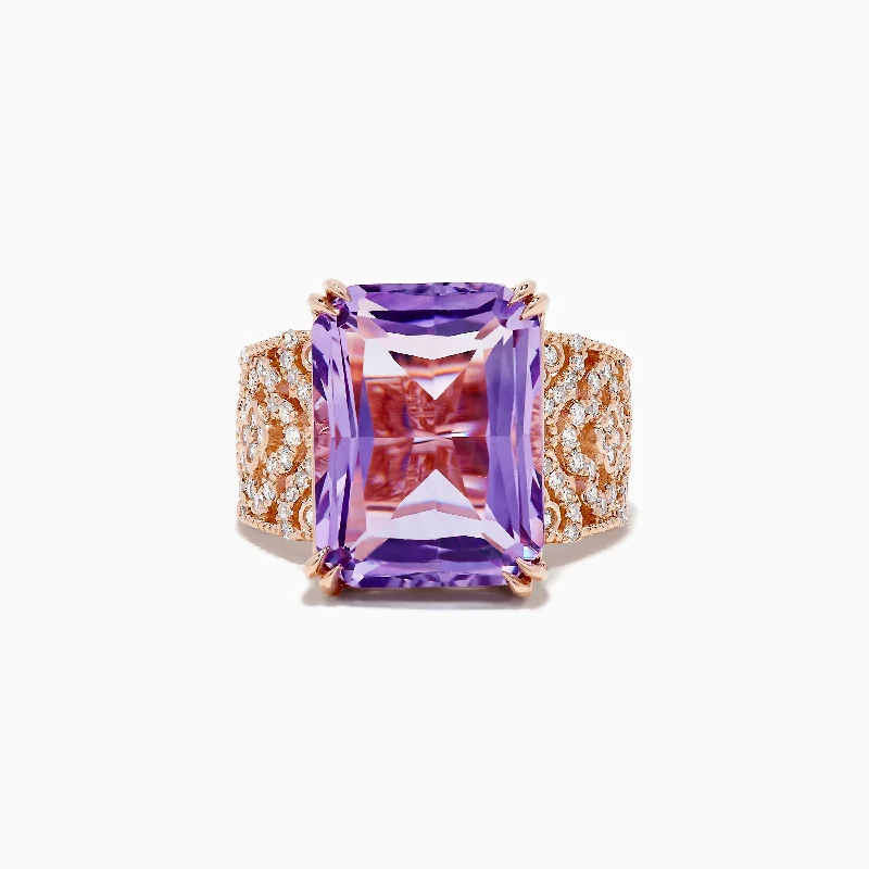 round-cut women's rings -Amethyst 14K Rose Gold Amethyst and Diamond Ring