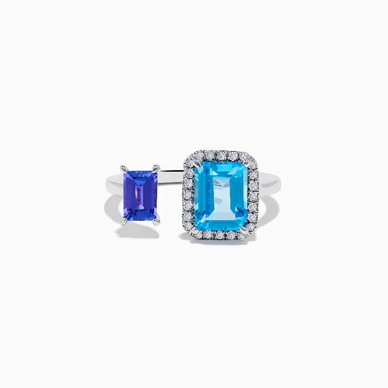 thumb rings for women -14K White Gold Blue Topaz, Tanzanite, and Diamond Toi Et Moi Ring