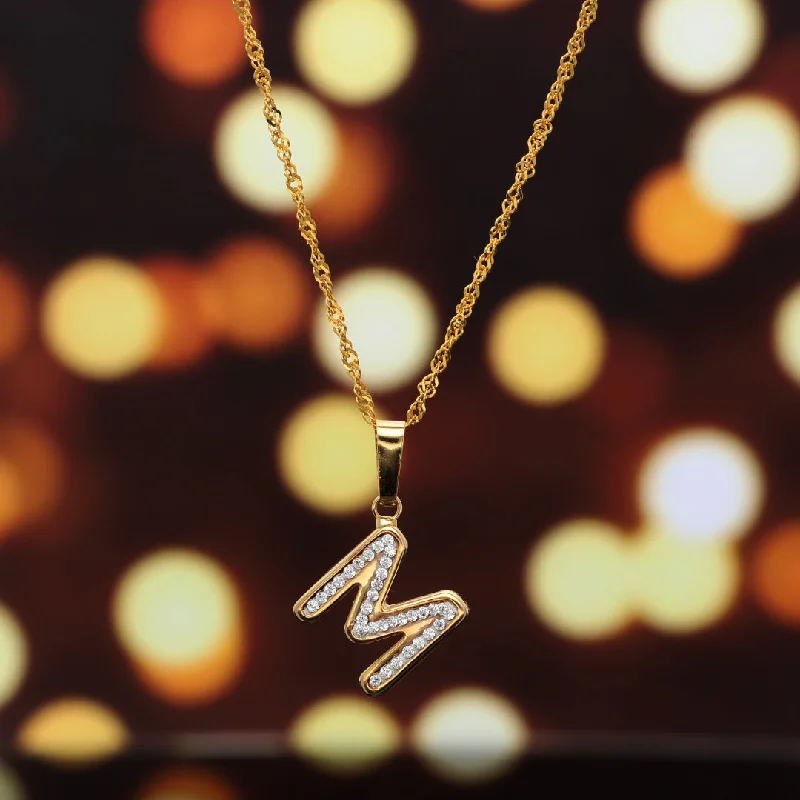 Ladies Anniversary Necklaces -waterproof necklaces for women -Gold Necklace (Chain with M Shaped Alphabet Letter Pendant) 18KT - FKJNKL18K9418