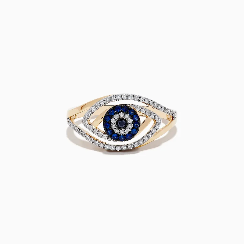 contemporary women's rings -Novelty 14K Yellow Gold Blue Sapphire and Diamond Evil Eye Ring