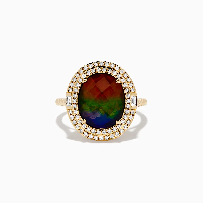 bezel set women's rings -14K Yellow Gold Ammolite and Diamond Ring