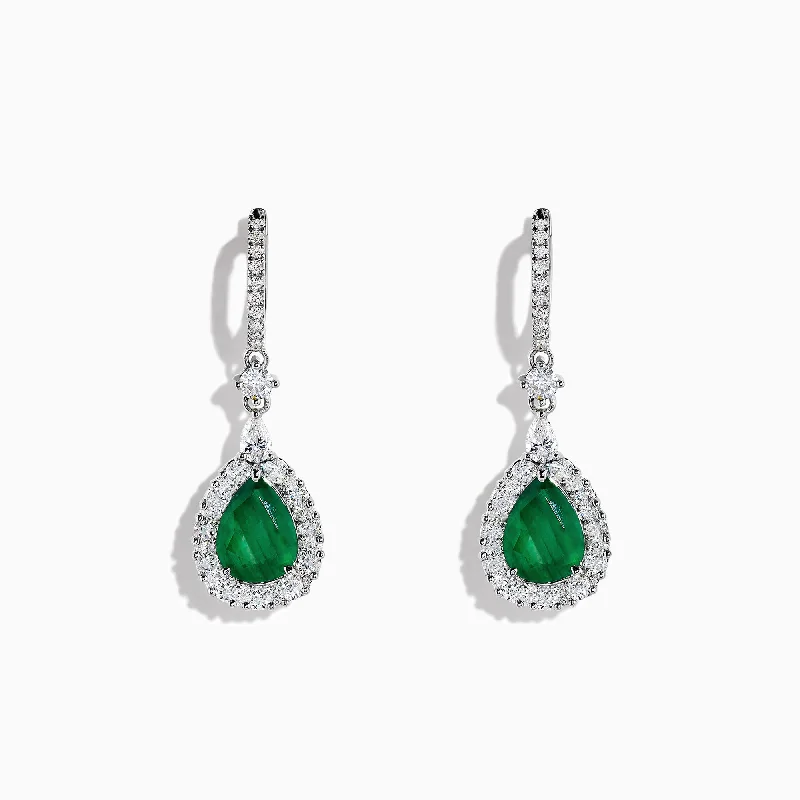 Ladies Dog Earrings -Brasilica 14K White Gold Emerald and Diamond Drop Earrings, 4.04 TCW