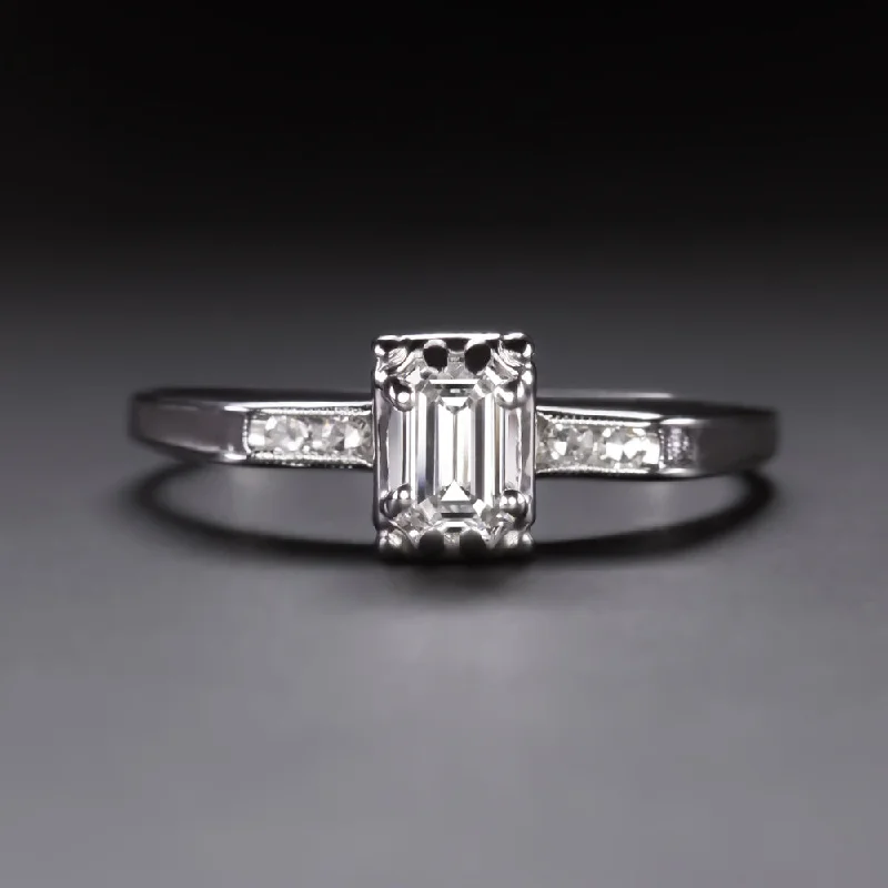 Grand Engagement Rings -VINTAGE DIAMOND ENGAGEMENT RING E VS1 EMERALD CUT 14k WHITE GOLD NATURAL ESTATE