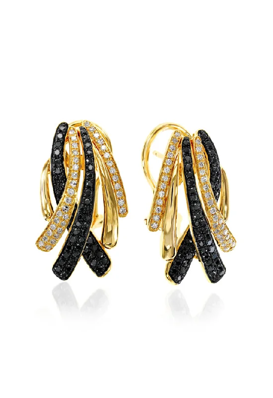 Ladies Strength Earrings -14K Yellow Gold Black and White Diamond Earrings, 0.82 TCW