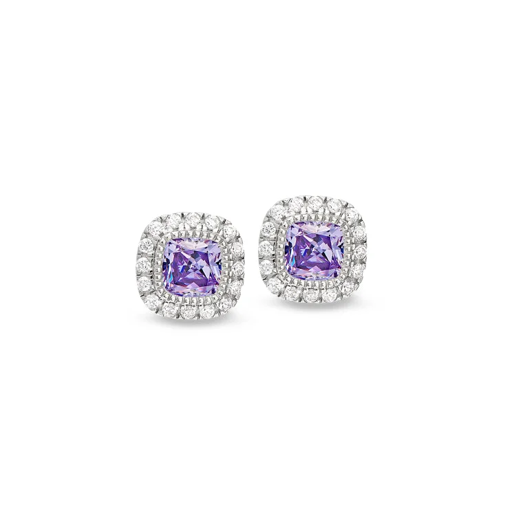 Ladies Handmade Earrings -Platinum Finish Sterling Silver Micropave Simulated Light Amethyst Earrings with Simulated Diamonds