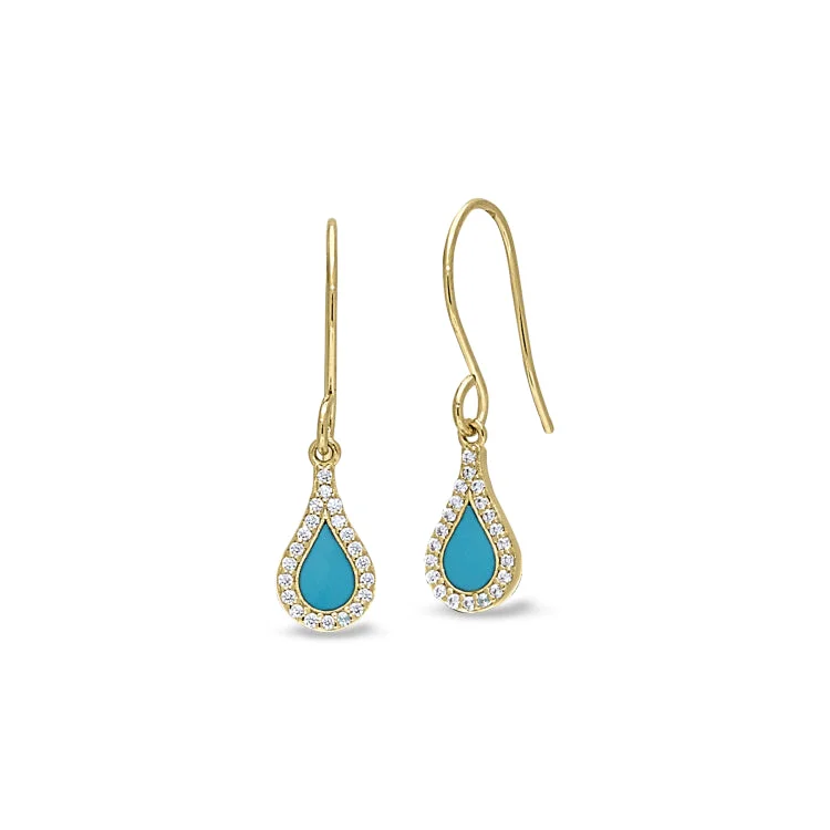 Ladies Rose Gold Earrings -Gold Finish Sterling Silver Micropave Turquoise Enamel Teardrop Earrings with Simulated Diamonds