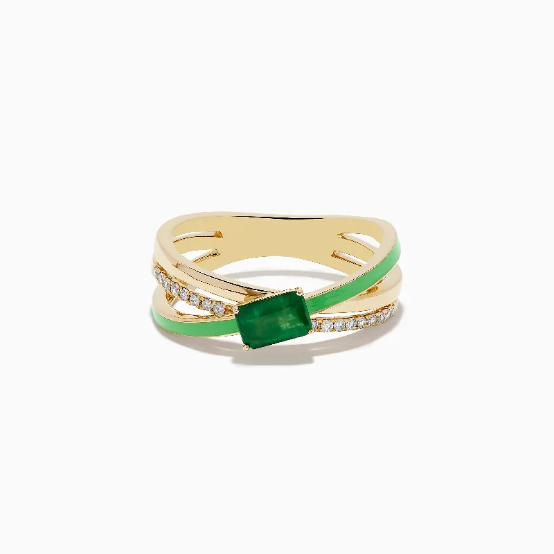 custom-made women's rings -Brasilica 14K Yellow Gold Emerald and Diamond Crossover Ring