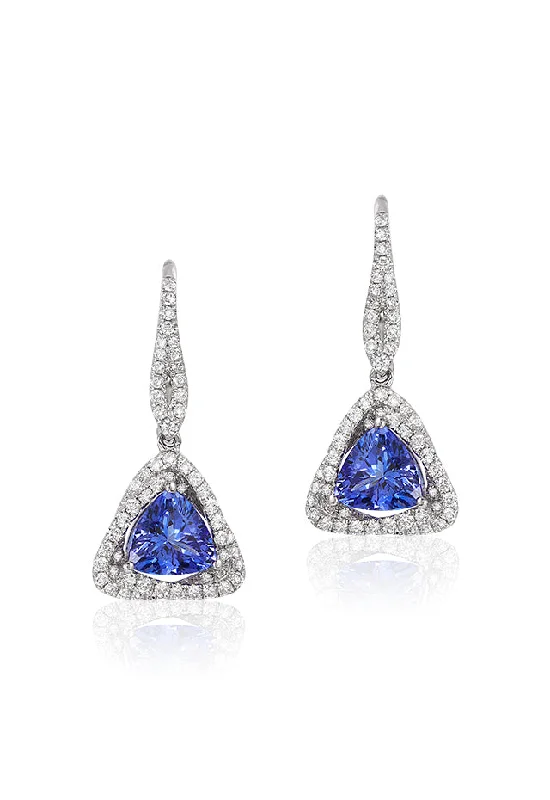 Ladies Celestial Earrings -14K White Gold Trillion Tanzanite and Diamond Earrings, 1.62 TCW