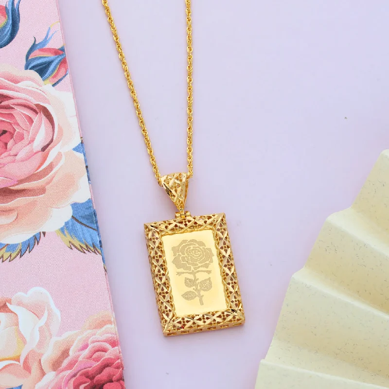 Ladies Vintage Necklaces -layered necklaces for women -Gold Necklace (Chain Rectangle Shaped Rose Frame Pendant) 21KT - FKJNKL21KM9617