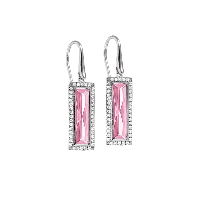 Ladies Gemstone Earrings -Rhodium Finish Sterling Silver Earrings with Rectangular Simulated Pink Sapphire Stones and Simulated Diamonds