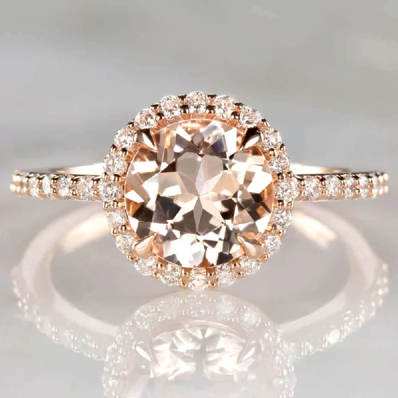 Family Engagement Rings -8mm ROUND CUT MORGANITE 0.38ct DIAMOND HALO ENGAGEMENT RING ROSE GOLD PEACH PINK