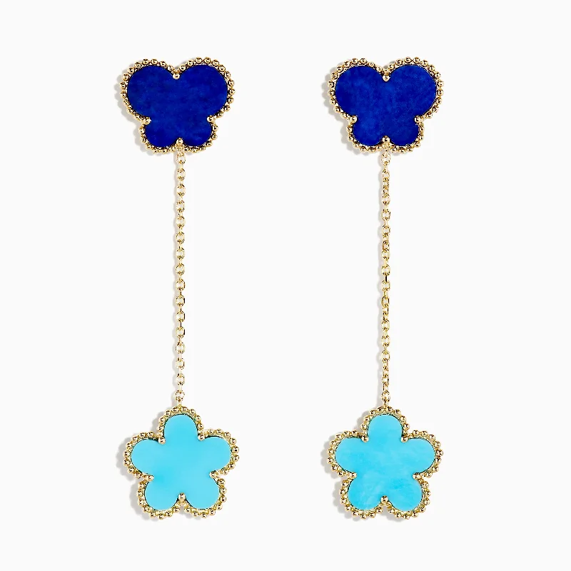 Ladies Adjustable Earrings -Novelty 14K Gold Turquoise & Lapis Floral Butterfly Earrings