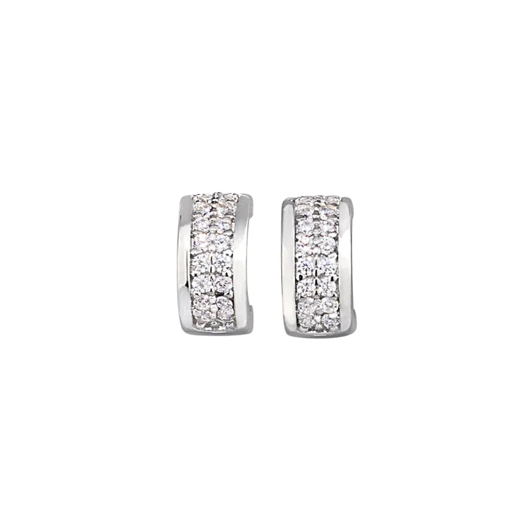 Ladies Triangle Earrings -Platinum Finish Sterling Silver Micropave Huggie Earrings with 2 rows of Simulated  Diamonds