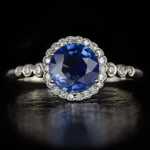 Whimsical Engagement Rings -1.22ct NATURAL ROYAL BLUE SAPPHIRE ROUND DIAMOND HALO ENGAGEMENT COCKTAIL RING