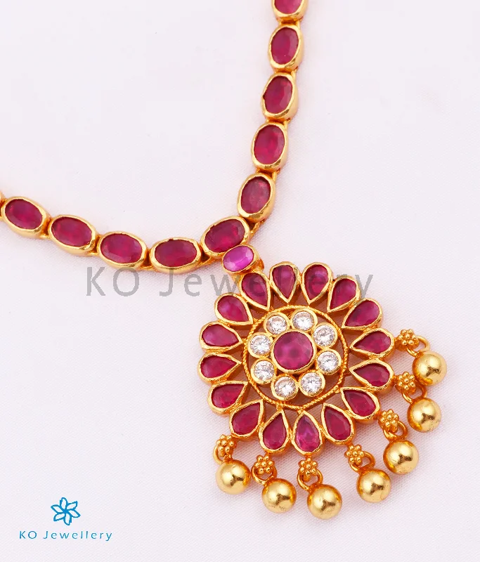 Ladies Diamond Necklaces -diamond necklaces for women -The Abhishi Silver Kempu Necklace (Red)