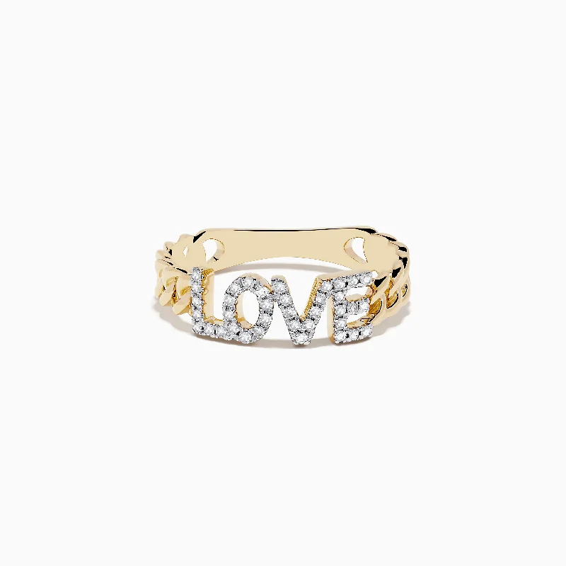 solitaire women's rings -D'Oro 14K Yellow Gold Diamond "LOVE" Chain Link Ring