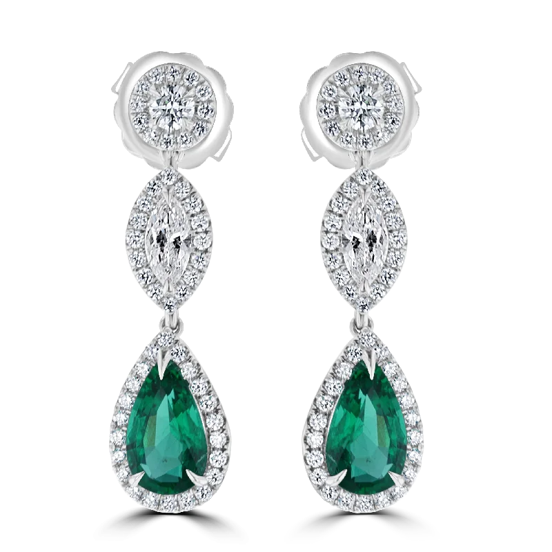 Ladies Soft Earrings -JULEVE 18KT WHITE GOLD 3.32 CTW EMERALD & 1.73 CTW DIAMOND HALO DROP EARRINGS