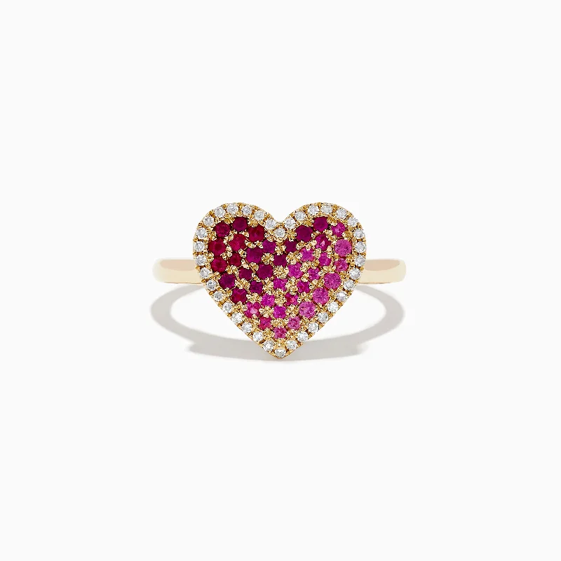 birthstone women's rings -Novelty 14K Yellow Gold Pink Sapphire, Ruby and Diamond Heart Ring