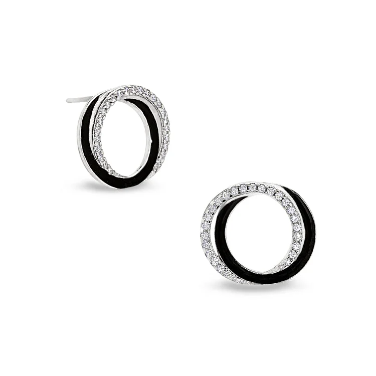 Ladies Bridal Earrings -Platinum Finish Sterling Silver Micropave Double Open Circle Earrings with Black Enamel and Simulated Diamonds