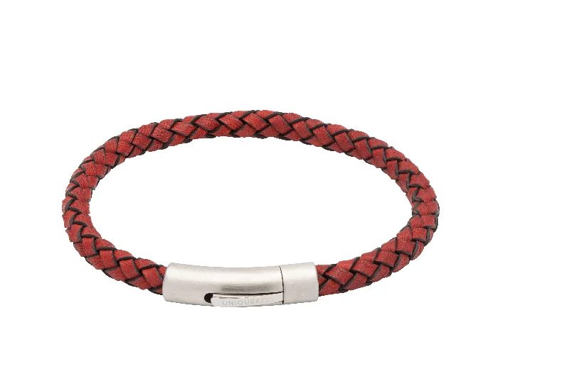 Ladies Bracelets Flame Charm-Unique & Co Red Leather Bracelet - Brushed Stainless Steel Clasp