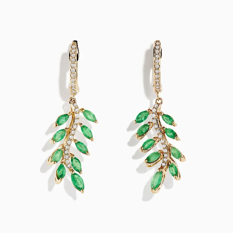 Ladies Magnetic Earrings -14K Yellow Gold Emerald and Diamond Leaf Earrings