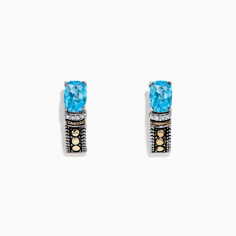 Ladies Happiness Earrings -925 Sterling Silver & 18K Gold Blue Topaz Earrings, 1.98 TCW