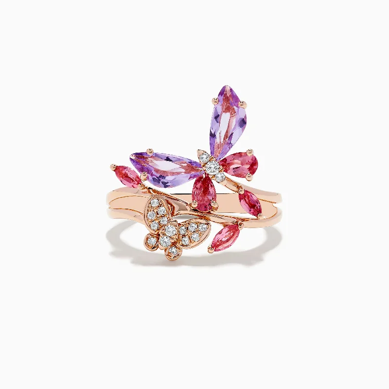 bohemian women's rings -14K Rose Gold Diamond and Multi Stone Butterfly Ring