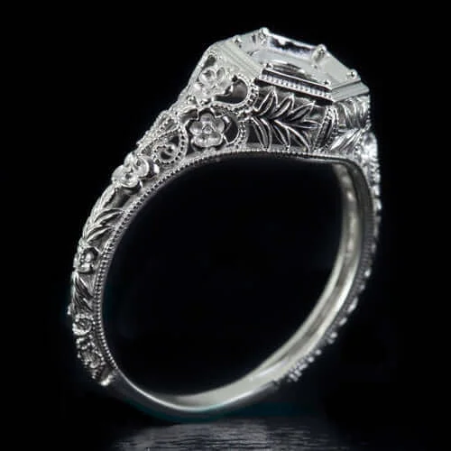 Onyx Engagement Rings -ART NOUVEAU STYLE PLATINUM ENGAGEMENT RING SETTING ROUND VINTAGE FLORAL 6MM