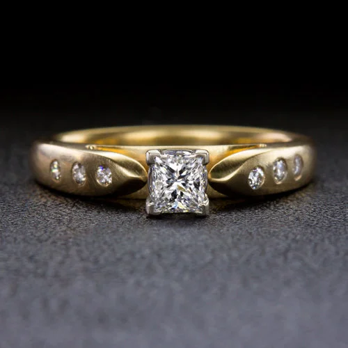 Halo Engagement Rings -PRINCESS CUT DIAMOND ENGAGEMENT RING 14k TWO TONE GOLD FLUSH SET SATIN FINISH