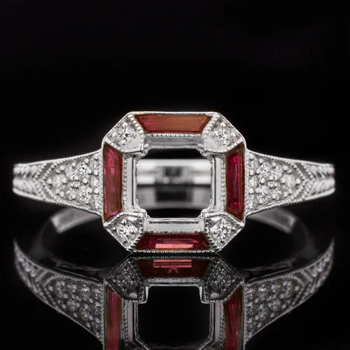 Colored Stone Engagement Rings -VINTAGE STYLE DIAMOND RUBY SQUARE ENGAGEMENT RING SETTING ROUND CUSHION MOUNT