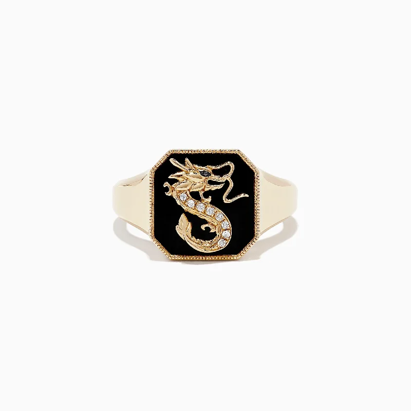 oversized women's rings -Novelty 14K Yellow Gold Onyx and Diamond Dragon Signet Ring, 1.91 TCW