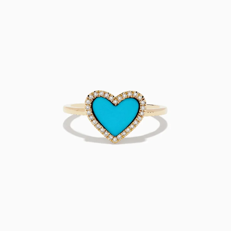 chain-link women's rings -Turquesa 14K Yellow Gold Turquoise and Diamond Heart Ring