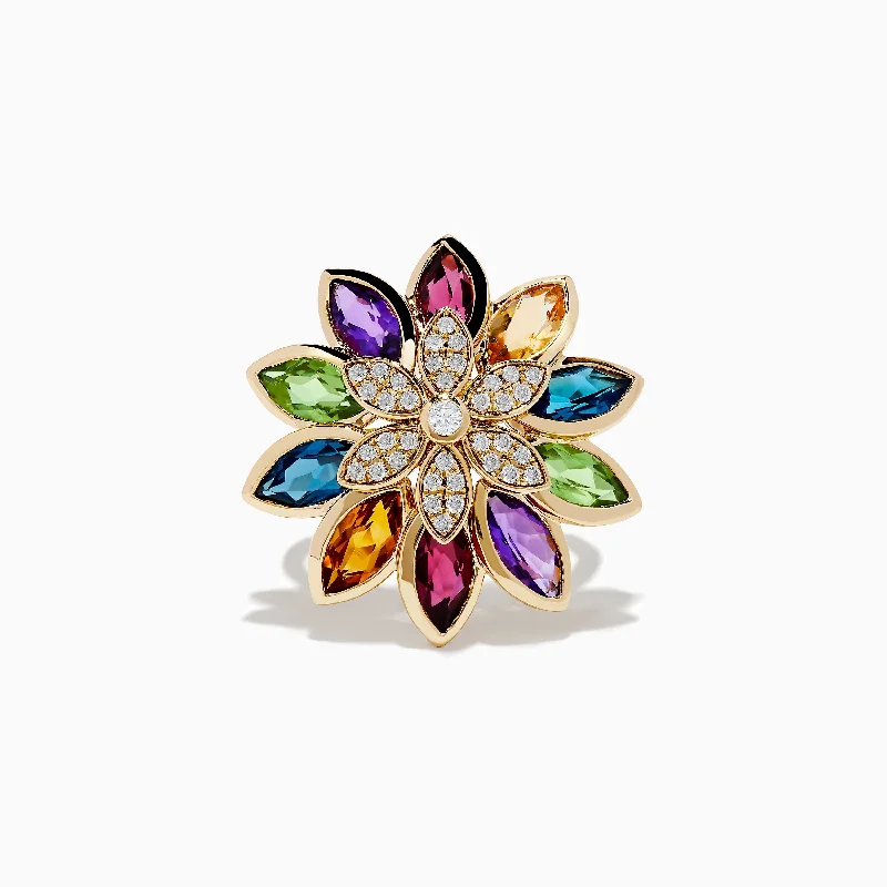 halo setting women's rings -Mosaic 14K Yellow Gold Multi Stone and Diamond Flower Ring