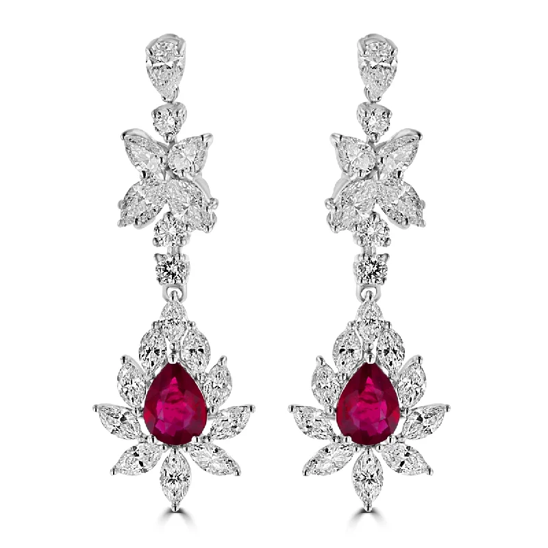 Ladies Joy Earrings -JULEVE 18KT WHITE GOLD 2.73 CTW RUBY & 5.70 CTW DIAMOND DANGLE EARRINGS