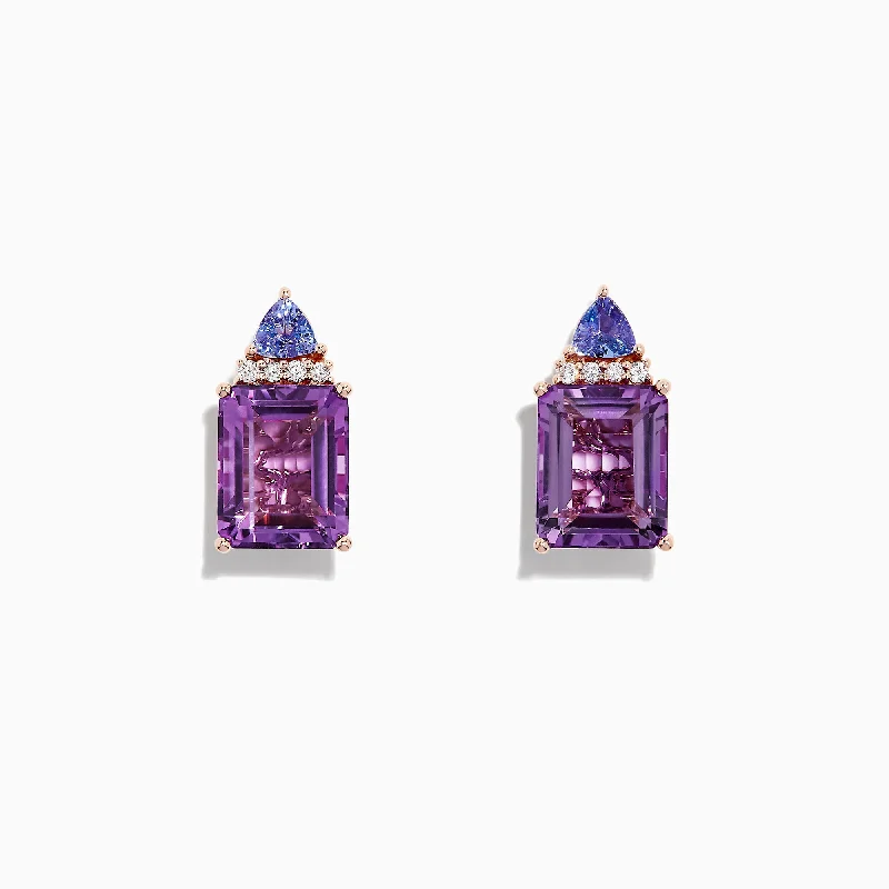 Ladies Fashion Earrings -14K Rose Gold Amethyst, Tanzanite and Diamond Earrings, 8.62 TCW