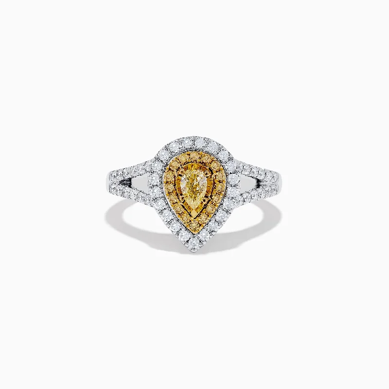 Celtic women's rings -Canare 18K Two-Tone Gold Pear Shaped Double Halo Yellow Diamond Ring