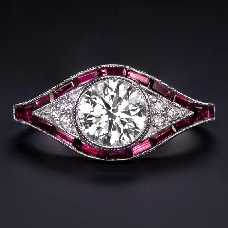 Princess Cut Engagement Rings -1.17ct F-G SI DIAMOND RUBY VINTAGE STYLE ENGAGEMENT RING ART DECO ROUND CUT RED